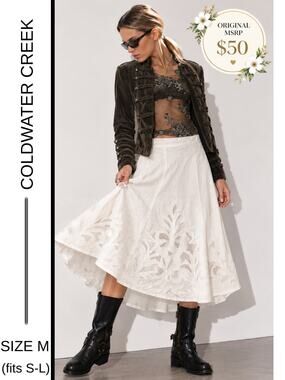 MSRP: $150✨ Coldwater Creek Embroidered Linen Twirl Skirt – Petite M (fits S-L)✨
